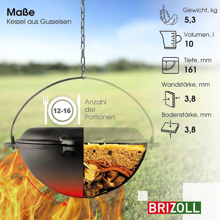 4BIG.fun 10L Gusseisen Schwenktopf Kazan Asia Kasan mit Deckel-Bratpfanne aus Gusseisen Grillwok Wok