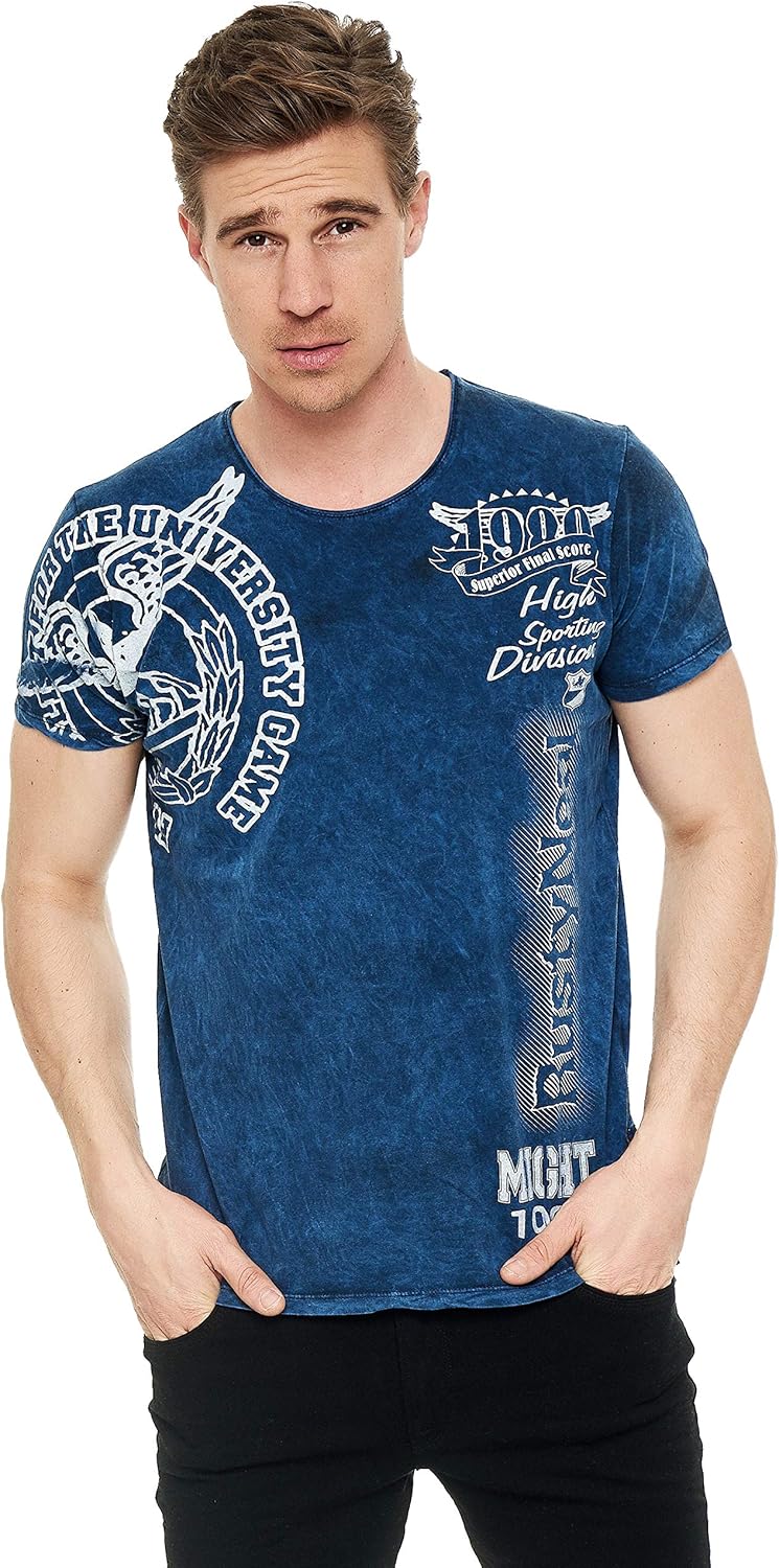 T-Shirt Herren Kurzarm Rundhals Tshirt Printed Shirt Regular Fit Verwaschen Plakativer Druck 232, Fa