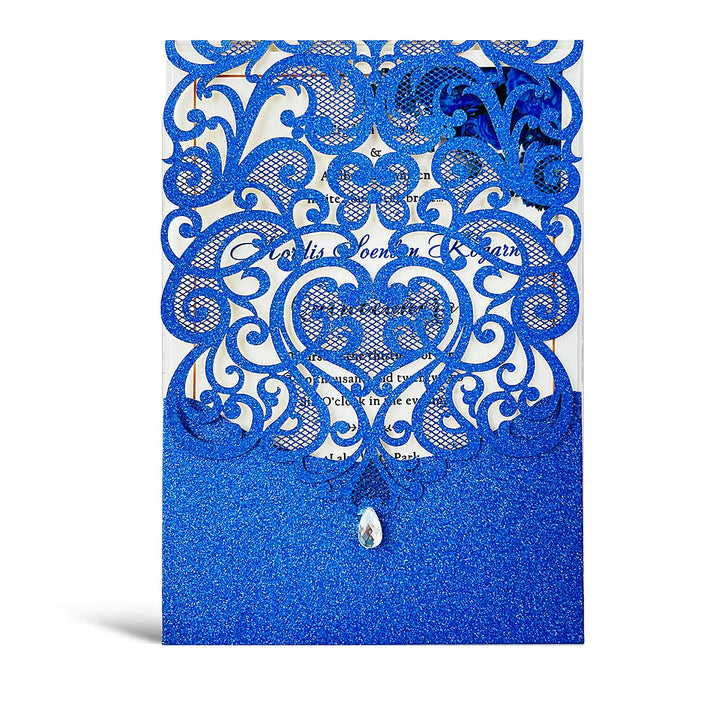 Hosmsua 20x Blau Glitzer Hochzeit EinladungsKarten Lasercut Rose Spitze Wasserdiamant Hochzeitseinla