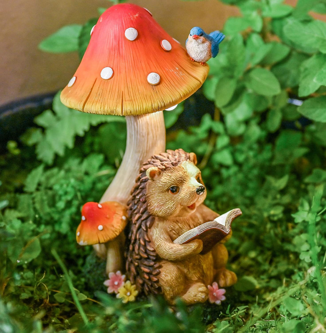 TERESA'S COLLECTIONS Gartendeko für Draussen Igel Gartenfigur mit Pilz Feengarten Figur Solar Garten
