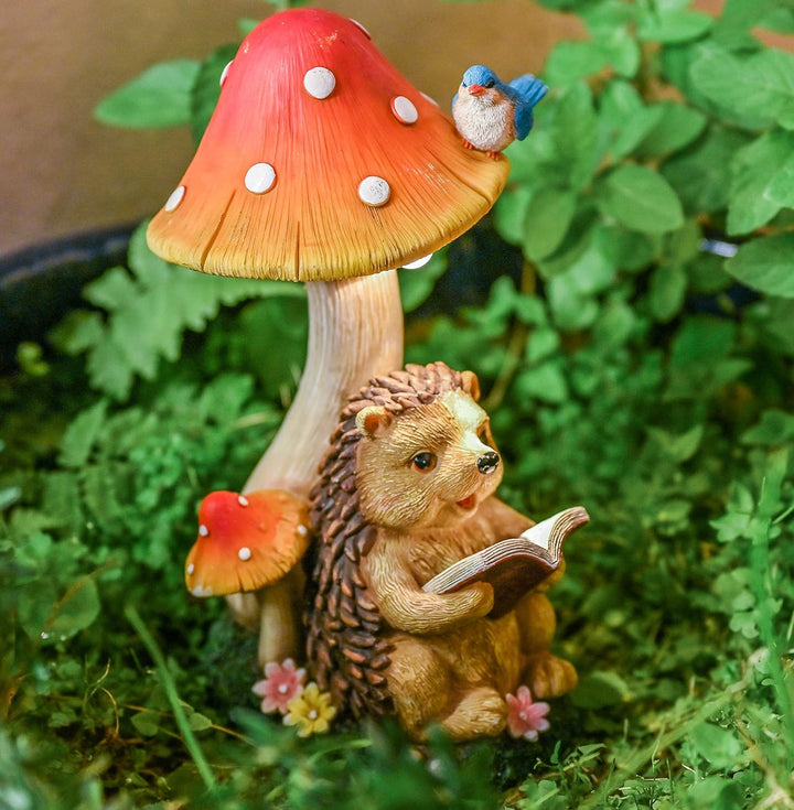 TERESA'S COLLECTIONS Gartendeko für Draussen Igel Gartenfigur mit Pilz Feengarten Figur Solar Garten