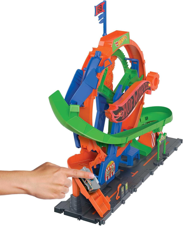 Hot Wheels City Trackset mit 1 Hot Wheels Auto, vom Kind aktiviertes Riesenrad mit Kirmeslichtern un