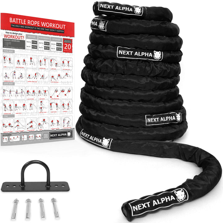 Battle Rope, 38mm/50mm, 9m/12m/15m, Schutzhülle, Wandanker, Workout Instruction Poster 50mm x 15m Sc