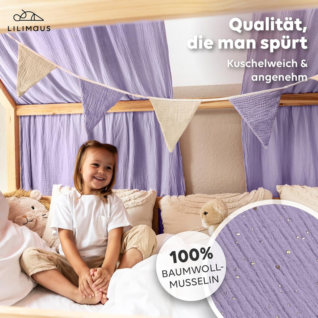 Hausbett Himmel mit Gold Applikation [in 12 Farben] Betthimmel Hausbett aus 100% Baumwolle Musselin