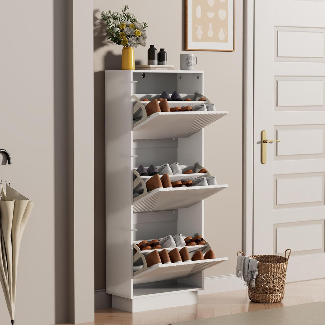 UEV Schuhschrank mit 3 Klappen, Schuhkipper Schuhkommode Schuhregal schmal für Flur mit Kippschutz/D