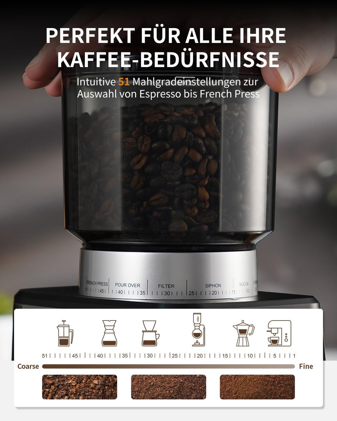 SHARDOR KaffeemüHle Elektrisch, 51 Stufen GleichmässIger, Feiner Mahlgrad Einstellbar KaffeemüHle Mi