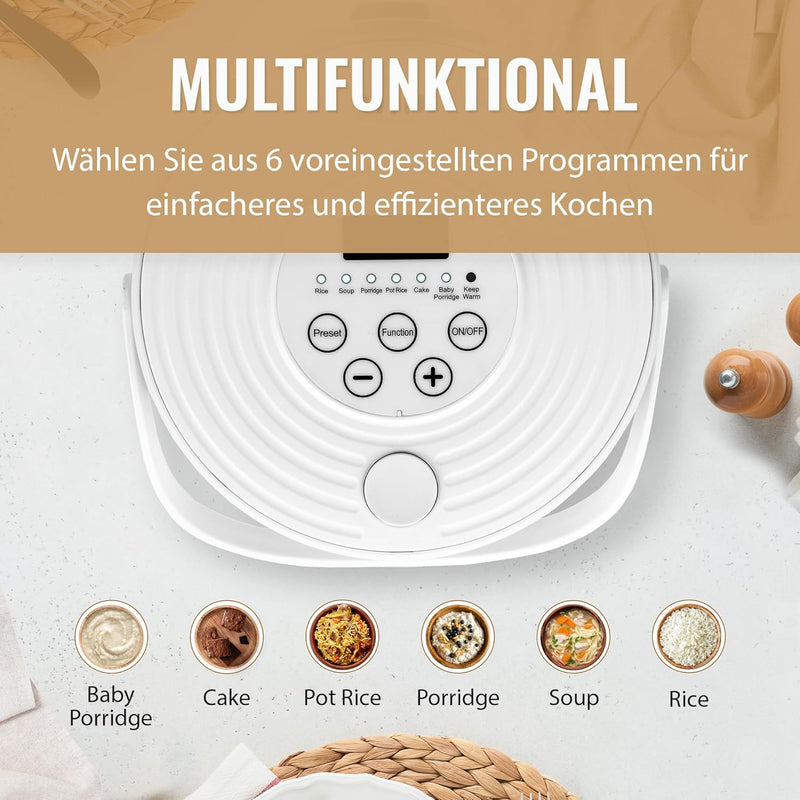 Noaton RC120W, Multifunktionaler Reiskocher, 2 L, 6 Programme, Warmhaltefunktion, Timer, Dampfgarer-