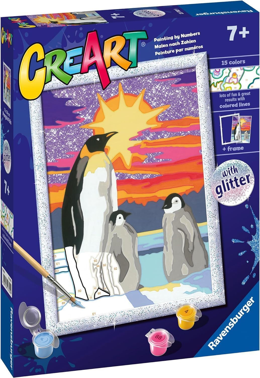 Ravensburger - CreArt D-Serie: Pinguine, Malset nach Zahlen, enthält ein vorgedrucktes Brett, einen