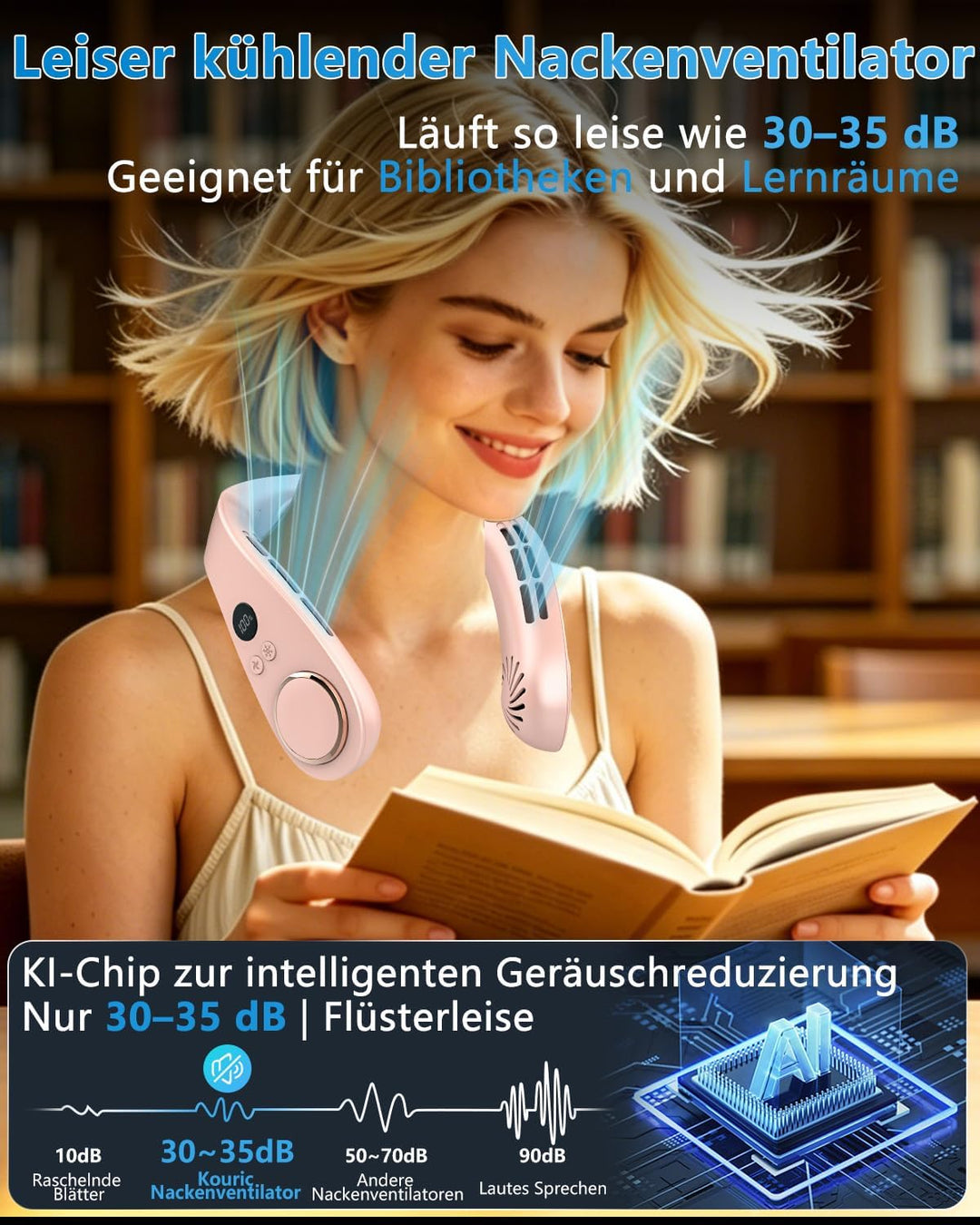Kouric Nackenventilator mit Kühlung, Halsventilatoren Extra Leise (35dB) 24 Std. USB-C 5500mAh, 5 St