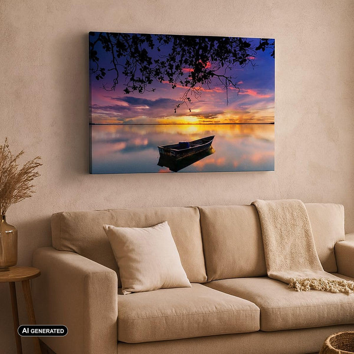Bilder auf Leinwand 100x70cm Leinwandbild Boot Sonnenuntergang See Himmel Gross Wanddeko Bild Schlaf