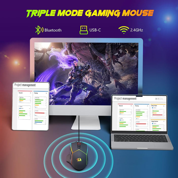 Redragon Kabellose Gaming Mouse, 2.4G/USB-C/Bluetooth Ergonomische Mouse Gaming, 8000 DPI, RGB Back-