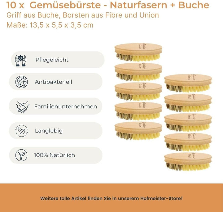 10x HOFMEISTER® Gemüsebürste, 13,5 cm, hochwertige Naturborsten in 2 Härtegraden: echt Union und Fib