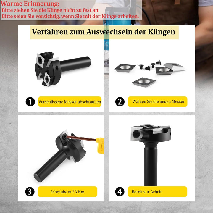 Trvoxviq Planfräser 12mm Schaft 2+2 Flöten, 38.1mm Durchmesser Hobelfräser für Oberfräse mit Wendepl