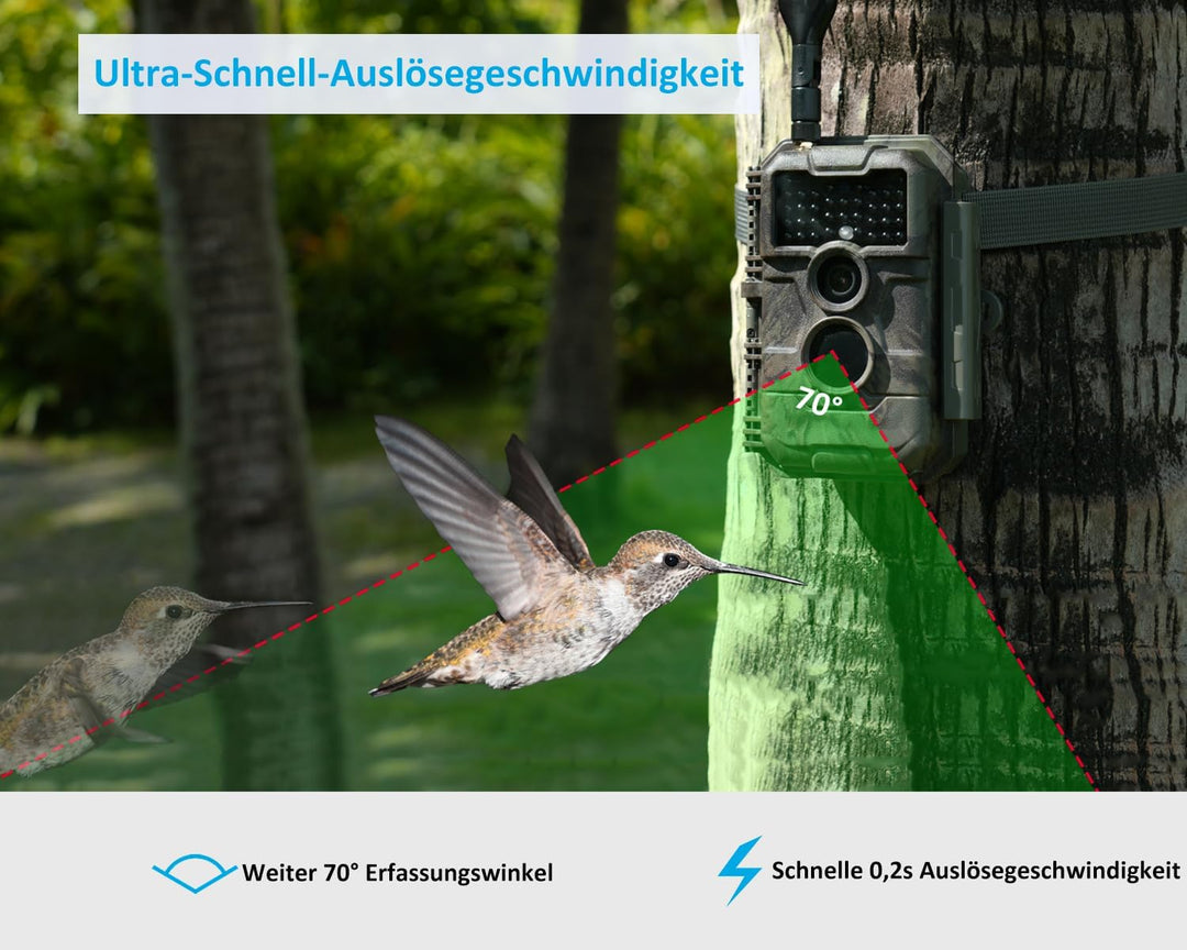 GardePro X20 4G LTE Wildkamera mit SIM-Karte und App, 48MP 1296P H.265 Video, No Glow Nachtsicht Bew