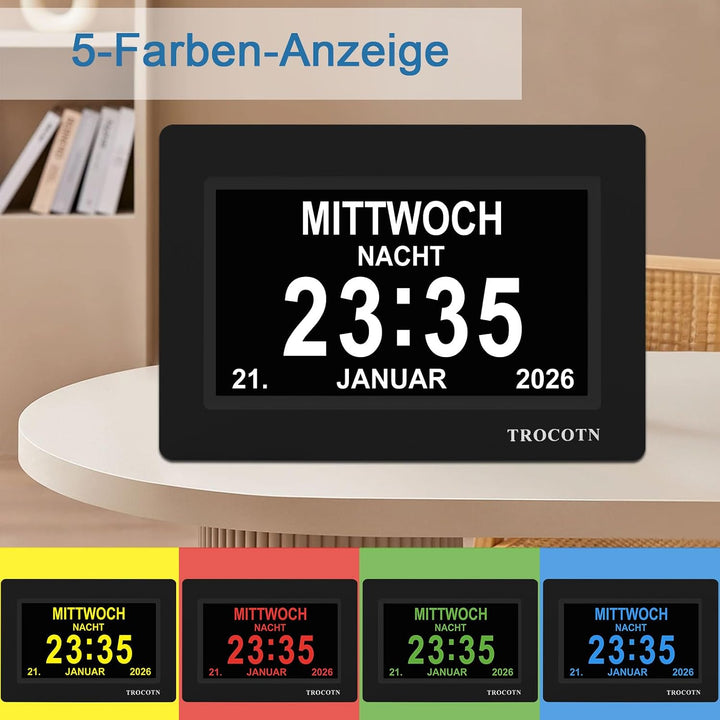 TROCOTN Demenz Uhr Senioren Digitale Uhr Tagesuhr Grosses Display Wecker Wanduhr (Schwarz, 7 Zoll) 7