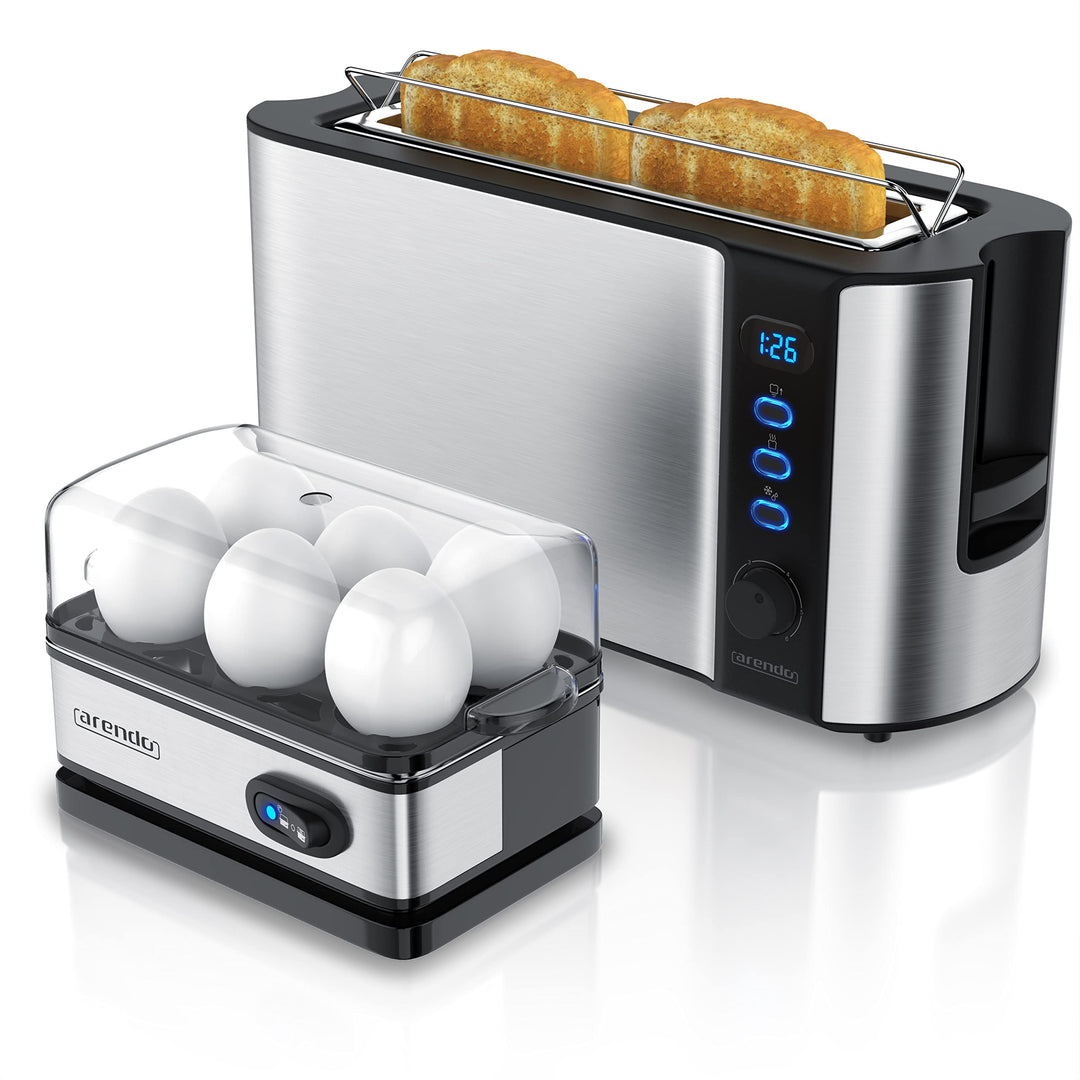 Arendo - SET Toaster FRUKOST mit Eierkocher SIXCOOK Edelstahl Silber, Toaster 2 Scheiben, LED-Displa