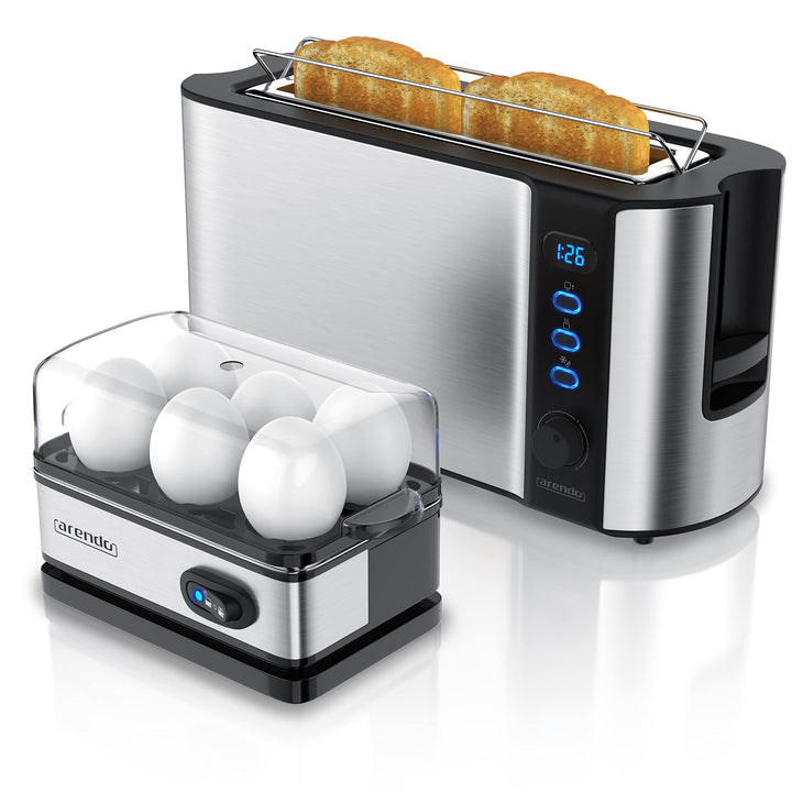 Arendo - SET Toaster FRUKOST mit Eierkocher SIXCOOK Edelstahl Silber, Toaster 2 Scheiben, LED-Displa