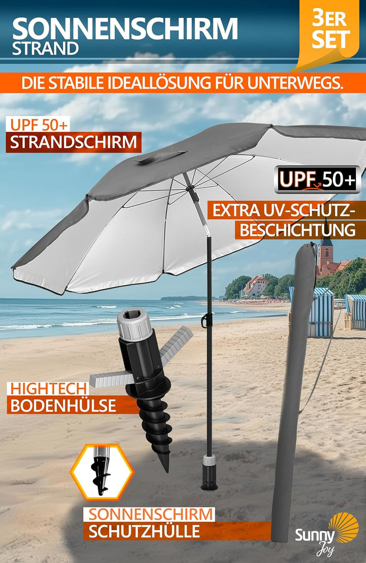 4smile Sunnyjoy Sonnenschirm Strand 3-IN-1 Set - Strandschirm windfest stabil, UPF 50+ Sonnenschirm
