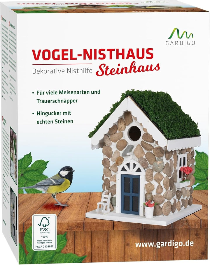 GARDIGO® Nistkasten in Steinhaus-Optik Dekoratives Vogelhaus zum Aufhängen Mit echten Steinen Meisen