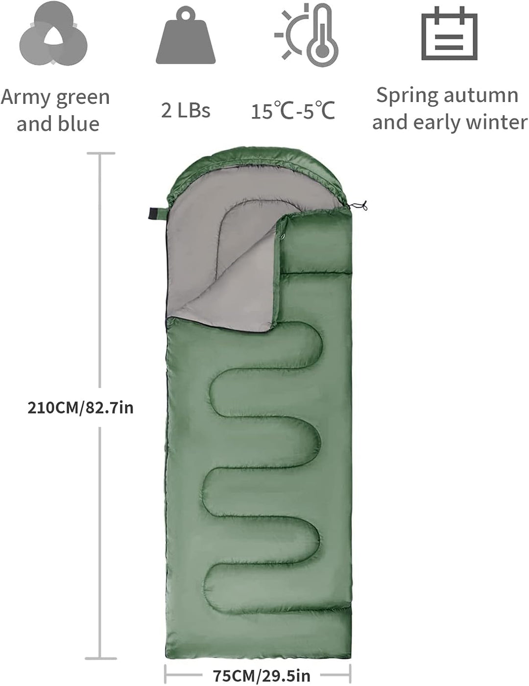 Schlafsack mit Kapuze, 3 Jahreszeiten, wasserdicht, warm, leicht, rechteckig, Umschlag, Camping, Sch