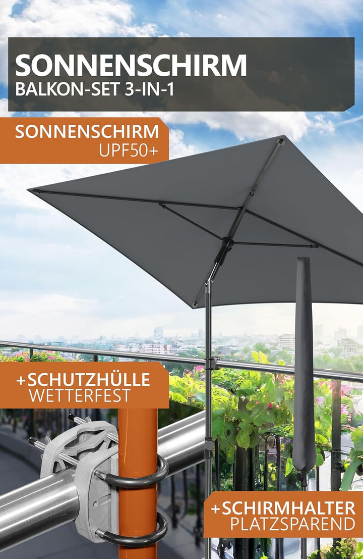 4smile Sonnenschirm Balkon SunnyShade Plus, Sonnnenschutz Balkon SET 3-in-1, Anthrazit - UV50+ Sonne