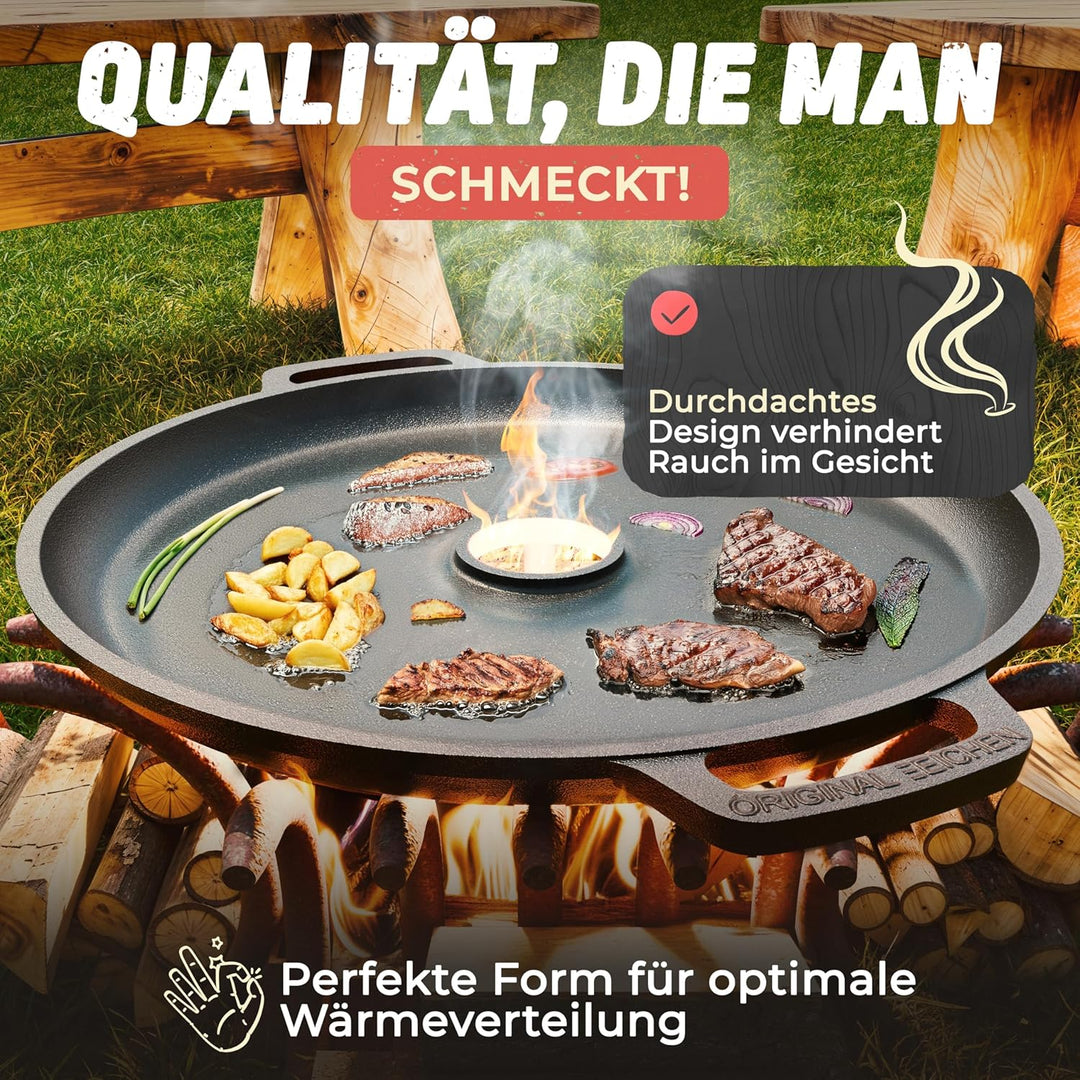 Drei Eichen Feuerplatte aus Gusseisen mit Tropfschutz. Ø35cm. Grillplatte Plancha ideal für Raketeno