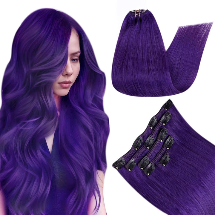 RUNATURE Clip in Extensions Glatt Violett 40cm 70g Remy Clip Echthaar Extensions Natürliche Bunt Haa