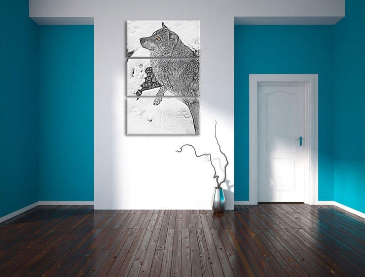 schöner Wolf im Schnee schwarz/weiss Deluxe 3-Teiler Leinwandbild 120x80 Bild auf Leinwand, XXL ries
