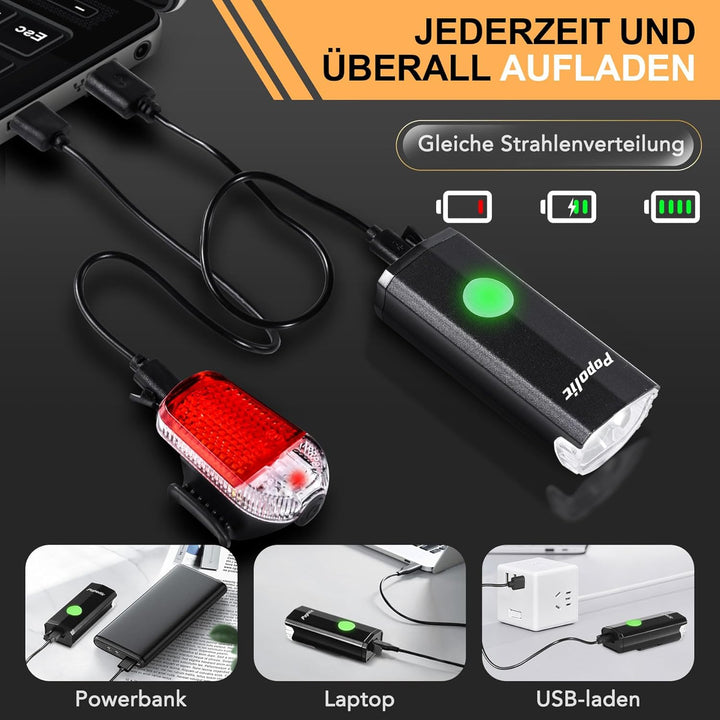Fahrradlicht Set LED StVZO-30/15 LUX Fahrradbeleuchtung Set 360° Beleuchtung-IPX4 Wasserdicht mit US