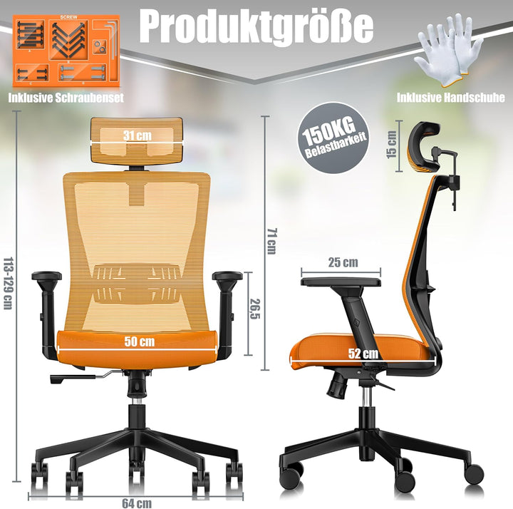 KESSER® Bürostuhl Ergonomisch mit verstellbaren Armlehnen | Drehstuhl mit Lendenwirbelstütze Rückens