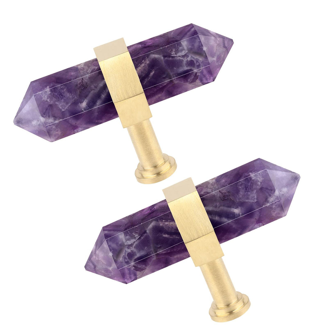 KYEYGWO 2 Stück Amethyst Heilstein Punkt Möbelknöpfe mit Schrauben, Messing Schubladenknöpfe Kristal