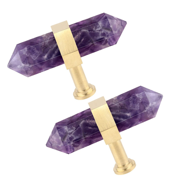 KYEYGWO 2 Stück Amethyst Heilstein Punkt Möbelknöpfe mit Schrauben, Messing Schubladenknöpfe Kristal