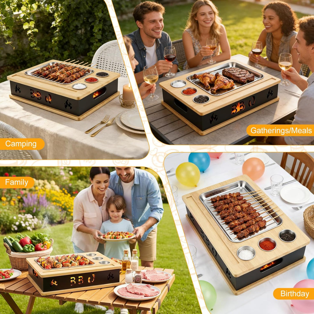 Warmhalteplatte Grillgut, Holz Speisenwärmer mit 304 Edelstahl Grillplatte und Dip-Schale, BBQ Fleis