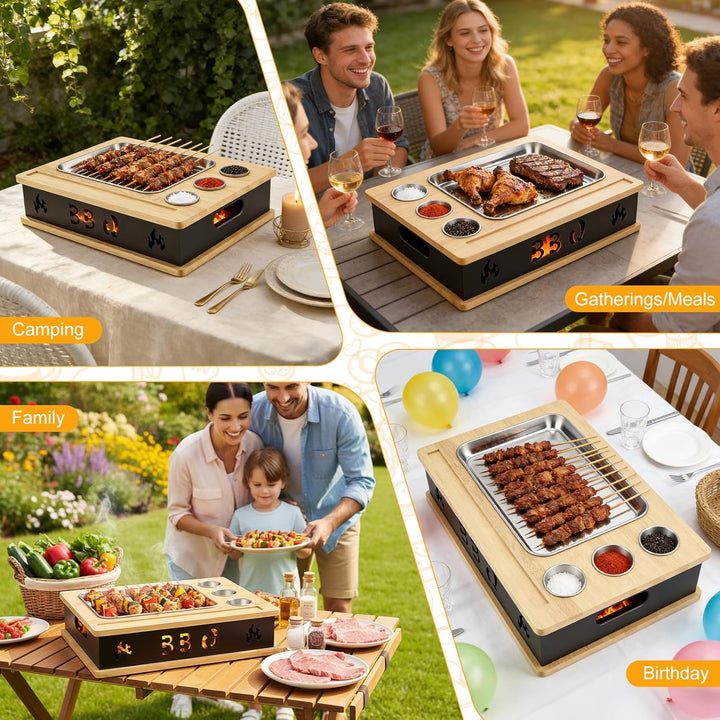 Warmhalteplatte Grillgut, Holz Speisenwärmer mit 304 Edelstahl Grillplatte und Dip-Schale, BBQ Fleis