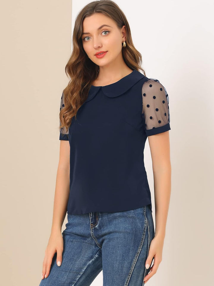 Allegra K Damen Puffärmel Vintage Bubikragen Oberteil Mesh Polka Punkte Top Bluse L Navy Blau, L Nav