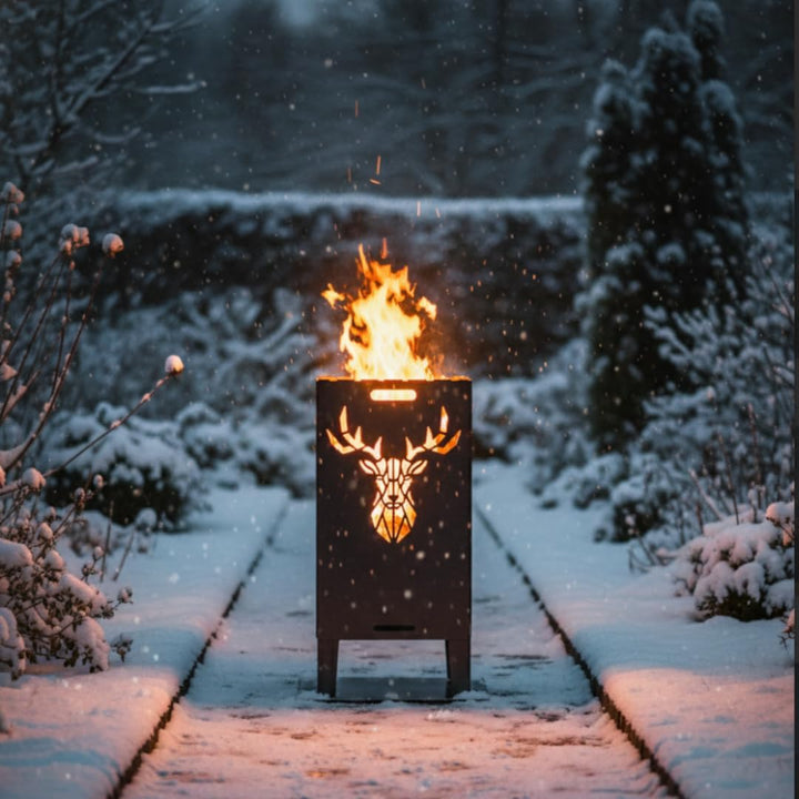 Feuertonne Hirsch &amp; Löwe - Massive Feuerkorb Feuerschale aus Stahl Outdoor Firepit mit Motiv Stabil,