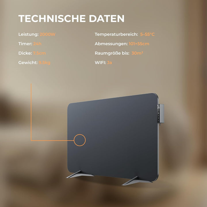 BR Bringer Hybrid Infrarotheizung 2000 Watt mit Konvektion - Smart Thermostat, WIFI & App - für Wand