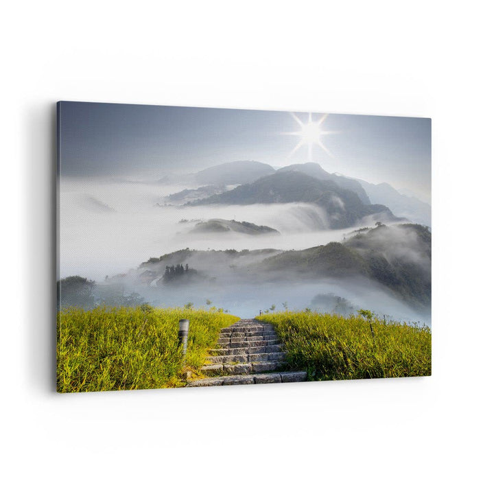 Bilder auf Leinwand 100x70cm Leinwandbild Berg Nebel Landschaft Morgen Gross Wanddeko Bild Schlafzim