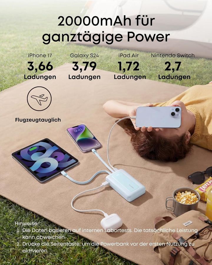 Anker Zolo Powerbank 20000mAh 30W Max, integriertes USB-C &amp; Lightning Kabel