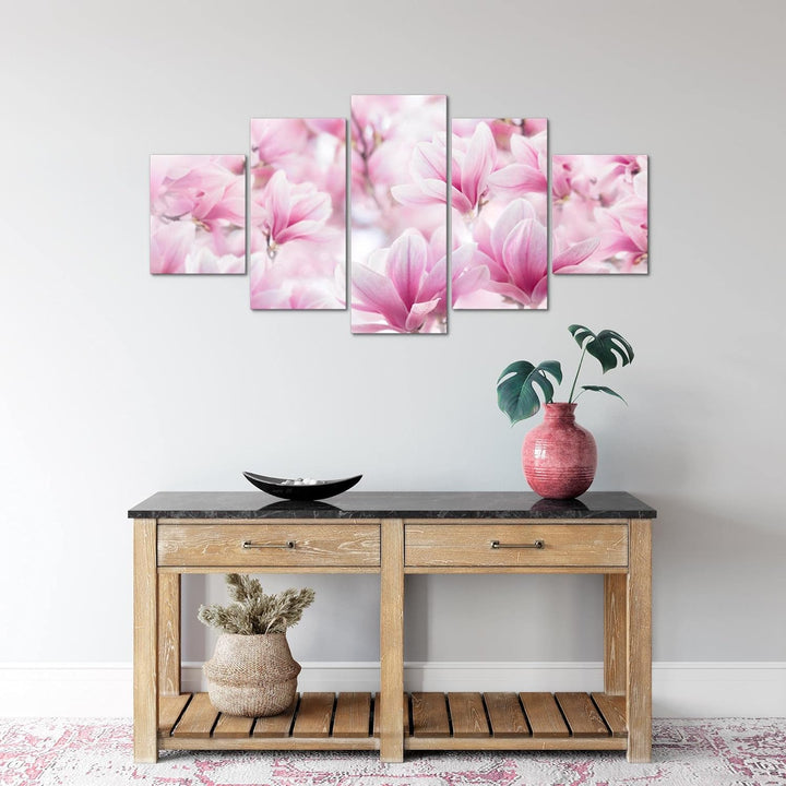 Runa Art Wandbilder Blumen Magnolien 5 Teilig Bild auf Vlies Leinwand Deko Wohnzimmer Blumenmotiv Ro