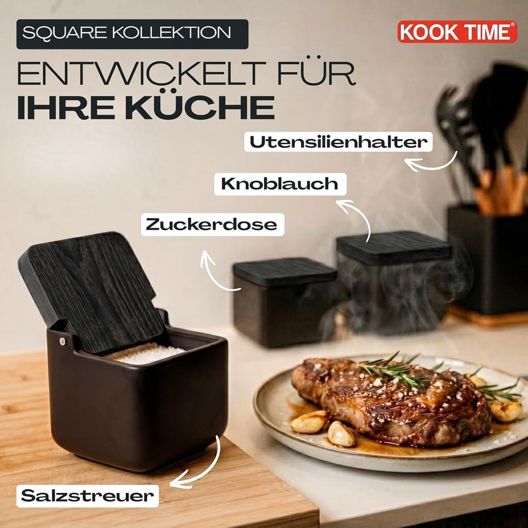 Salzdose Keramik mit Klappdeckel aus umweltfreundlichem Bambus - Praktischer Salztopf und Salzbehält