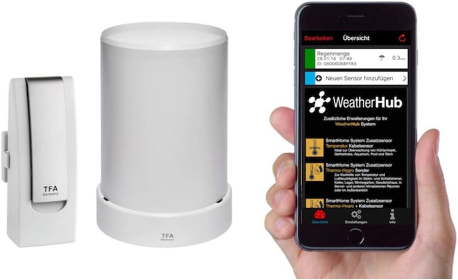 TFA Dostmann Weatherhub Starter-Set, mit Funk-Regenmesser, für SmartHome, gratis Smartphone App, ein