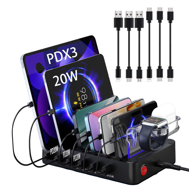 Acocodi USB Ladestation Multi Dock 6 Ports 60W Smart Schnellladedockstation für mehrere Geräte, komp