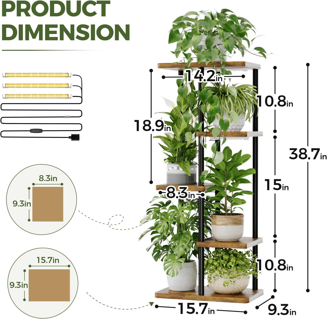 Bamworld Pflanzenregal Indoor mit LED-Wachstumslicht, 5 Ebenen Blumenständer Holz &amp; Metall, Mehrstöc