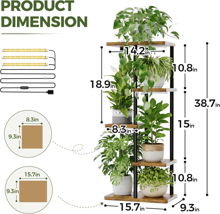 Bamworld Pflanzenregal Indoor mit LED-Wachstumslicht, 5 Ebenen Blumenständer Holz &amp; Metall, Mehrstöc