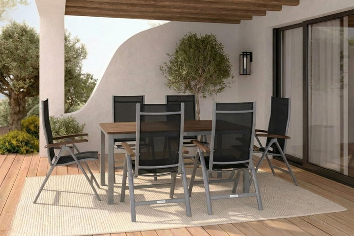Villana Esstischgarnitur, Silber/schwarz, Alu/FSC-Akazienholz, Gartentisch 150x90cm, 6 Multiposition