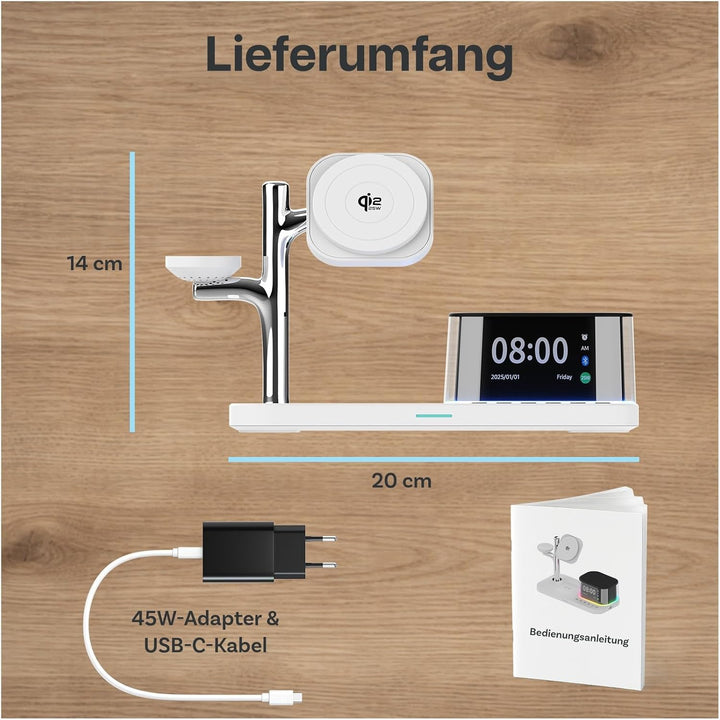 Kabellose Ladestation 5-in-1 mit Wecker, Bluetooth-Lautsprecher & LED-Nachtlicht für MagSafe von MMO