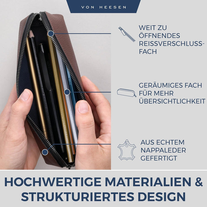 VON HEESEN® Echtleder Federmäppchen Leder Federmappe Etui für Stifte Mäppchen Schule Federtasche Uni
