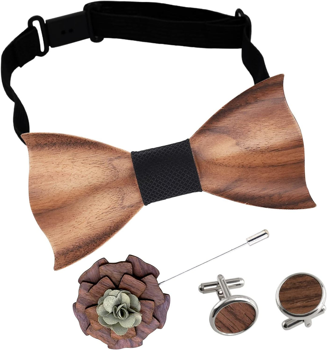 Mr.Van Holzfliege Klassische Set Fliege Herren,Holzfliege, Holz Manschettenknöpfe, Holzbrosche, Eins