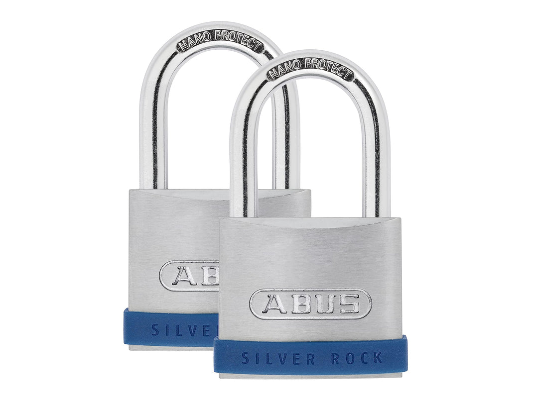 ABUS Vorhängeschloss Silver Rock 5/50 aus massivem Zink - 2er Set - mit Silikon Schutzrahmen - Kelle